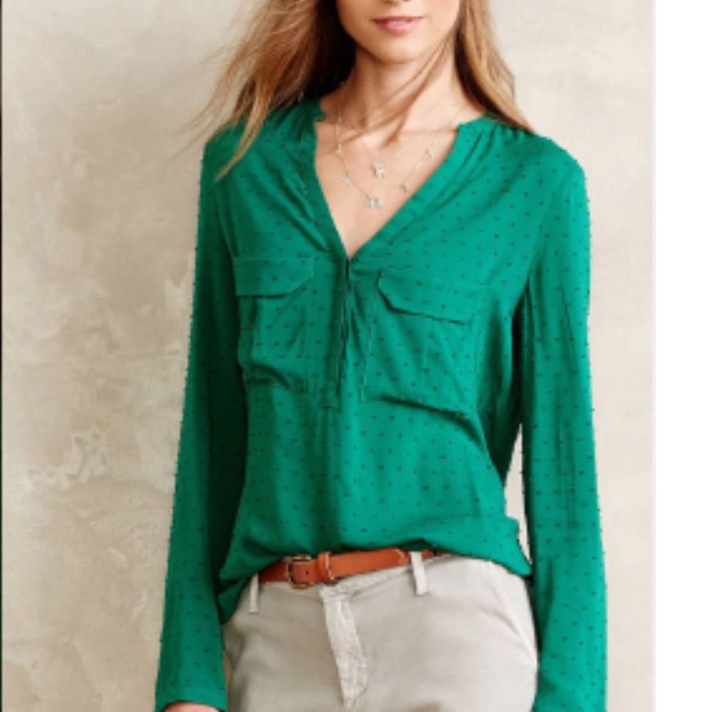Anthroplogie Maeve Emerald Green Swiss Dot Blouse Top